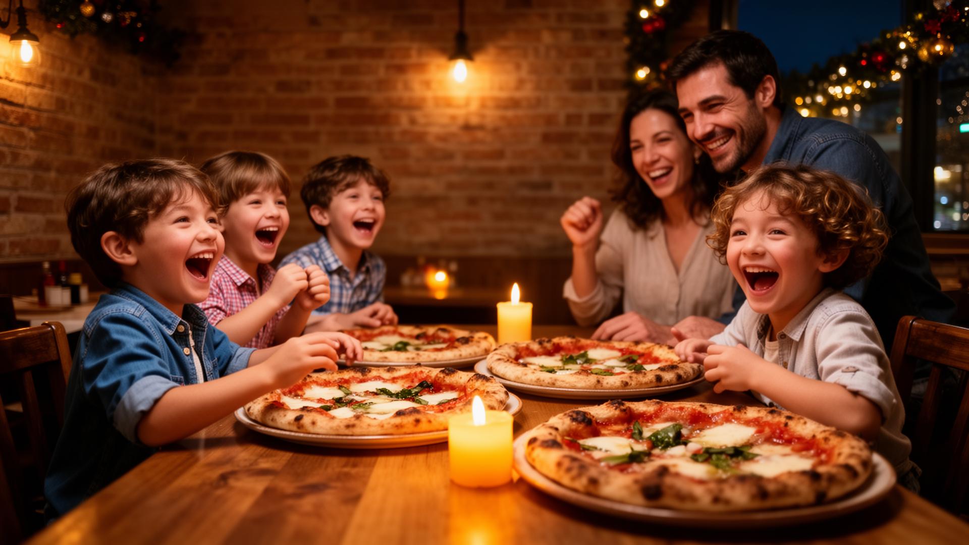 Família feliz na Pizzaria Tre Amici