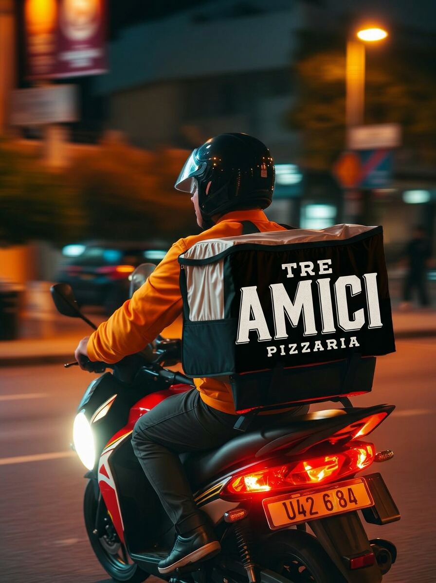Motoboy da Tre Amici levando pizza em Valinhos